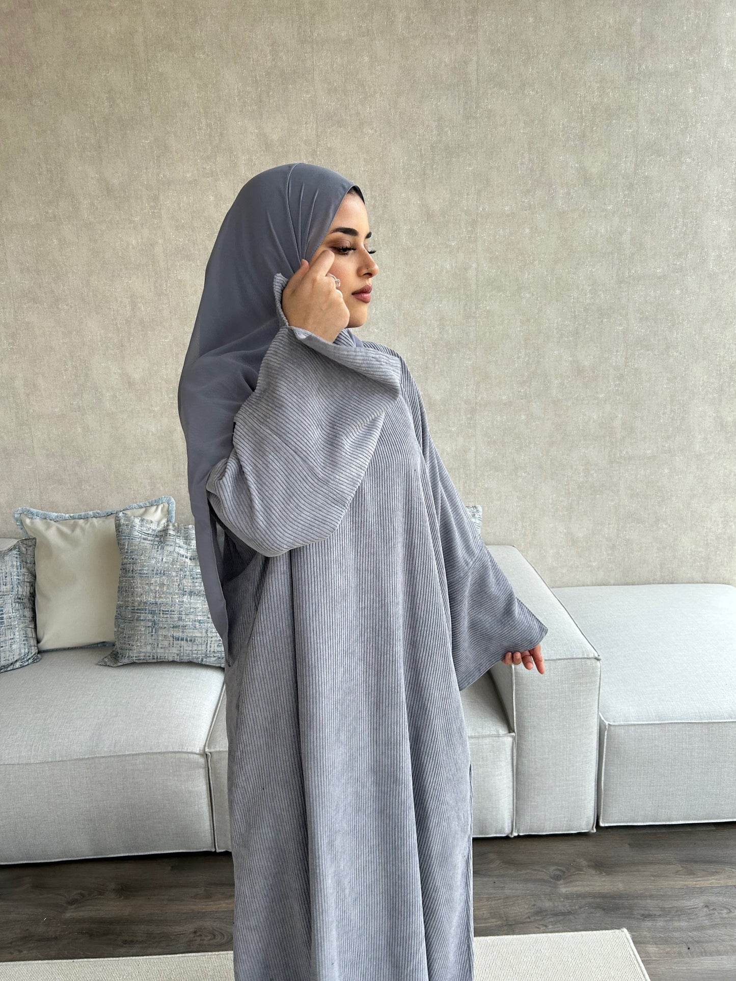 Tara Corduroy Abaya - Soft Grey -  تارا