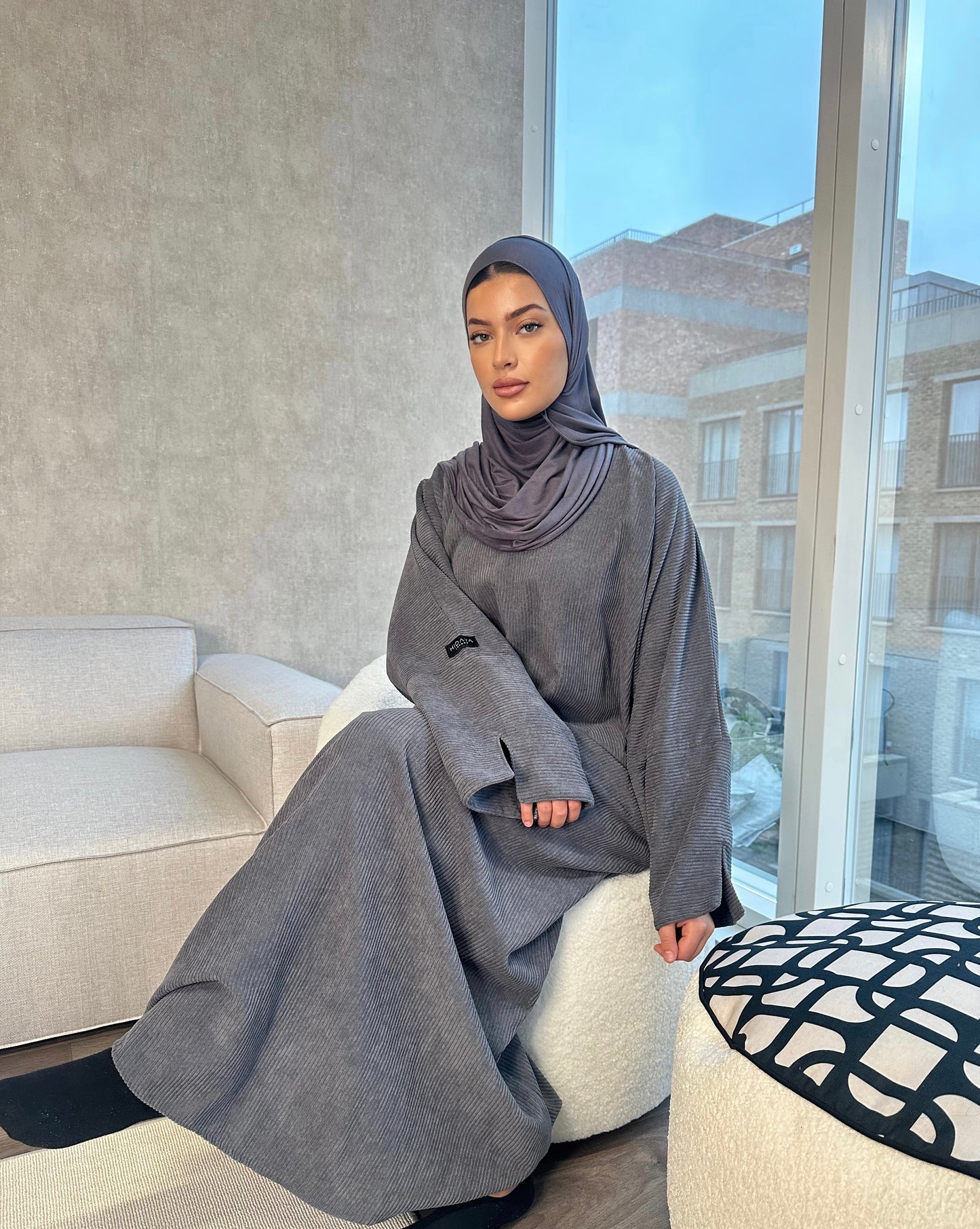 Tara Corduroy Abaya - Charcoal - تارا