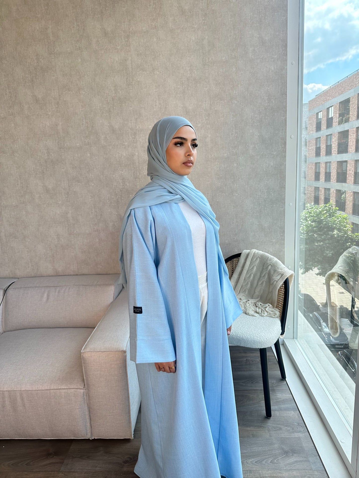 Open Linen Abaya - Sky Blue - ZARAH - زارة - With Matching Inner Slip