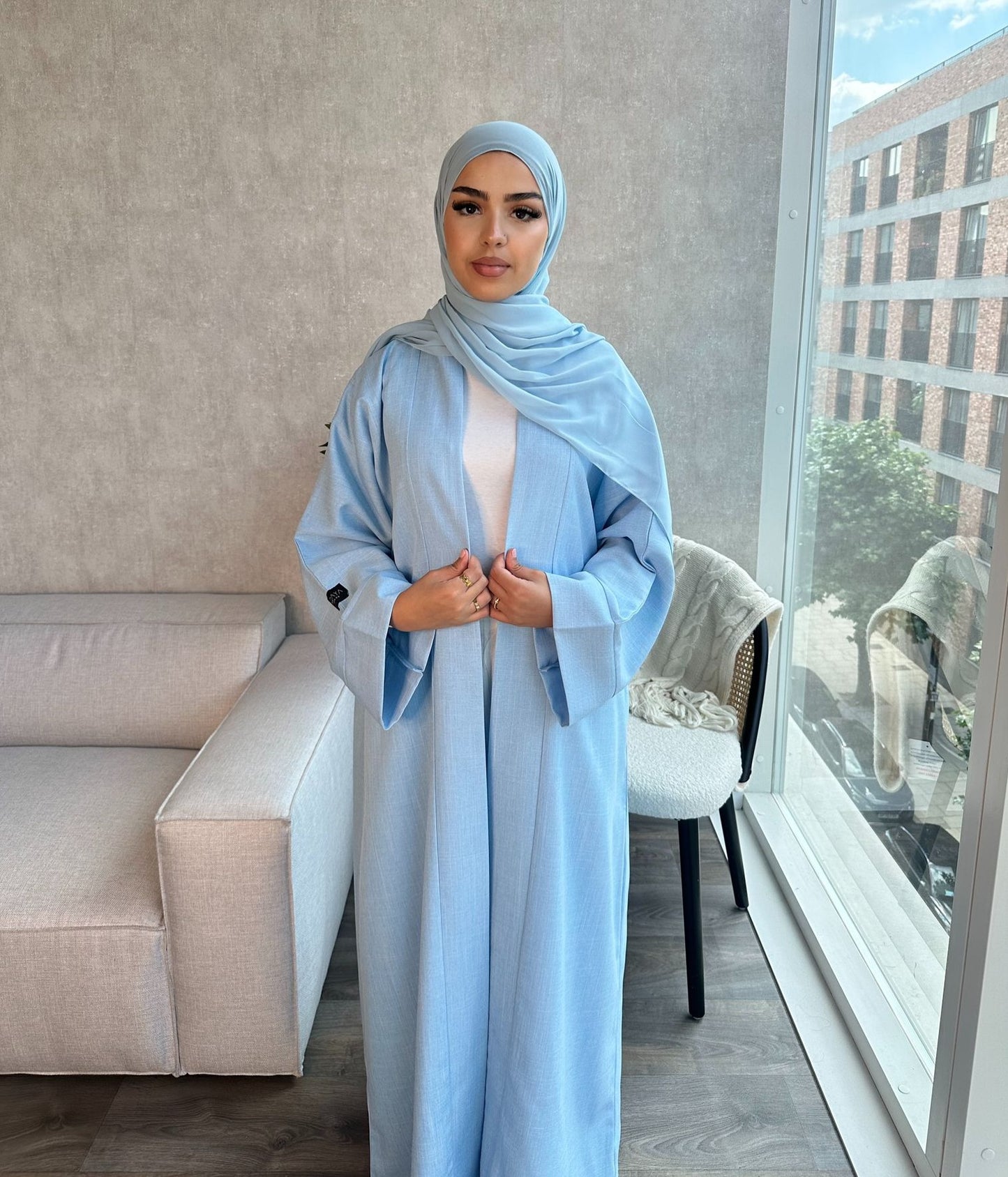 Open Linen Abaya - Sky Blue - ZARAH - زارة - With Matching Inner Slip