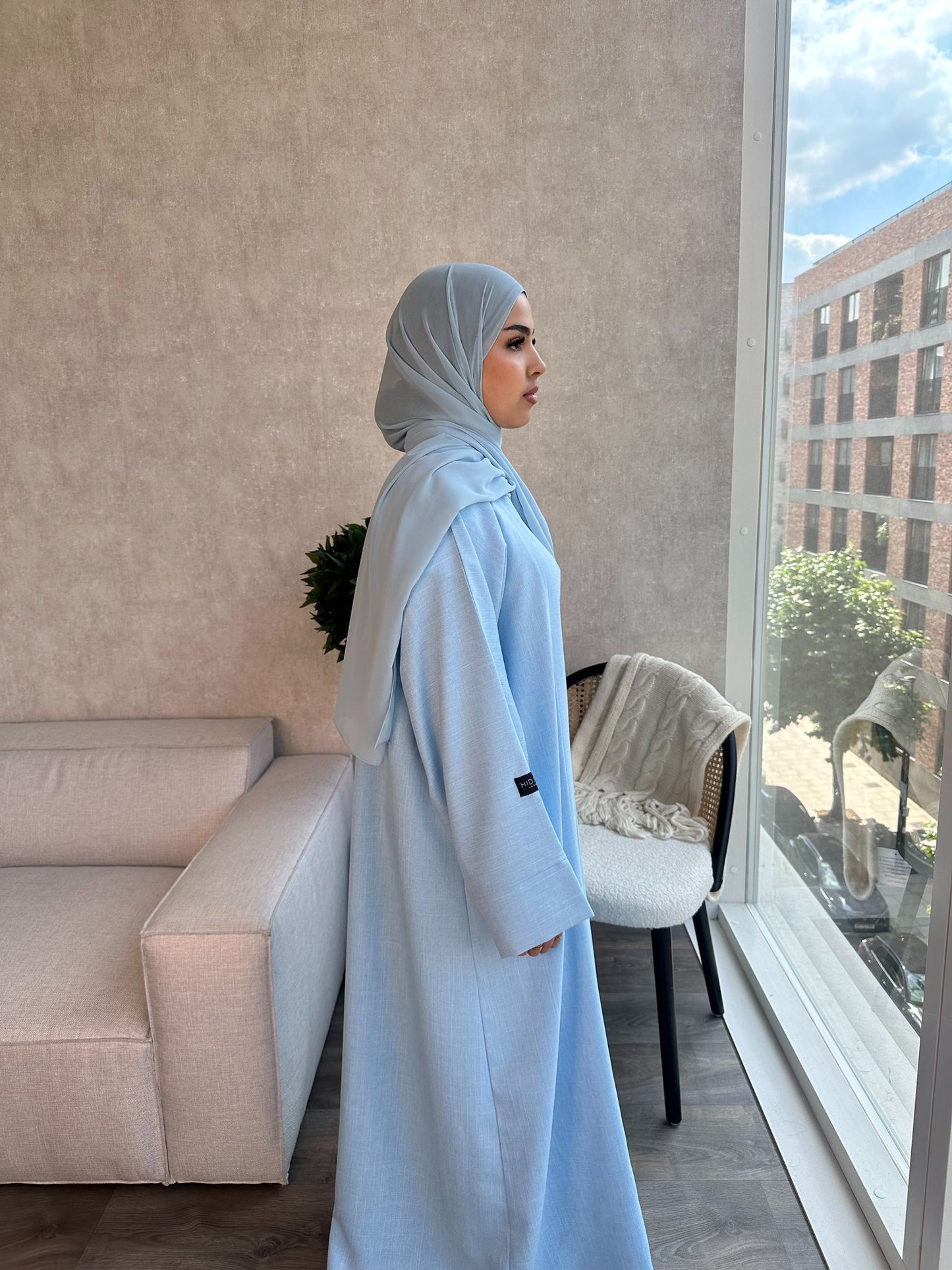 Open Linen Abaya - Sky Blue - ZARAH - زارة - With Matching Inner Slip