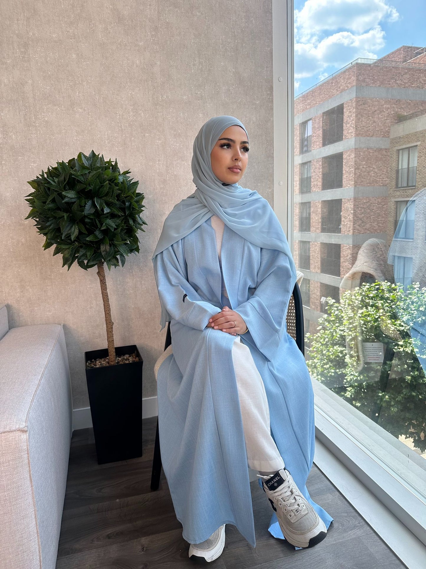 Open Linen Abaya - Sky Blue - ZARAH - زارة - With Matching Inner Slip