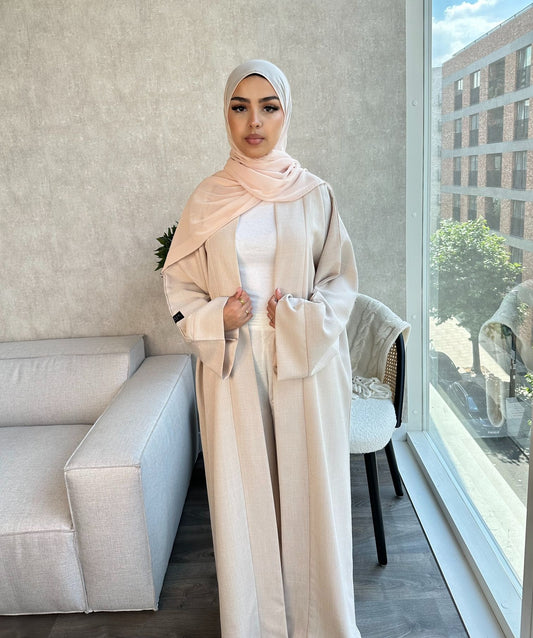 Open Linen Abaya - Cream - AMANI - أماني - With Matching Inner Slip