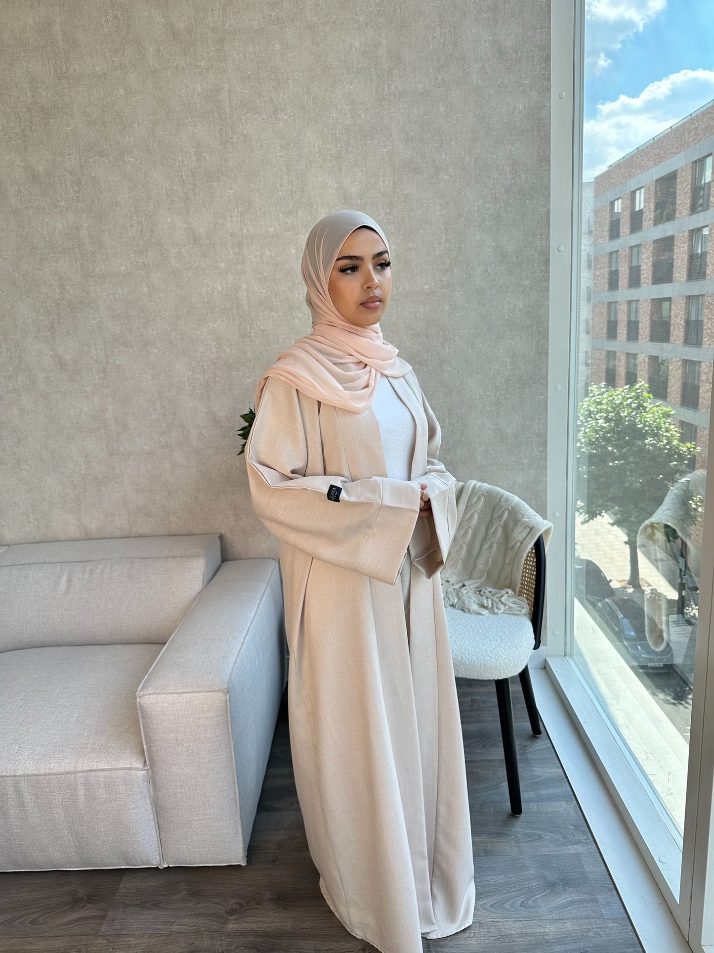 Open Linen Abaya - Cream - AMANI - أماني - With Matching Inner Slip