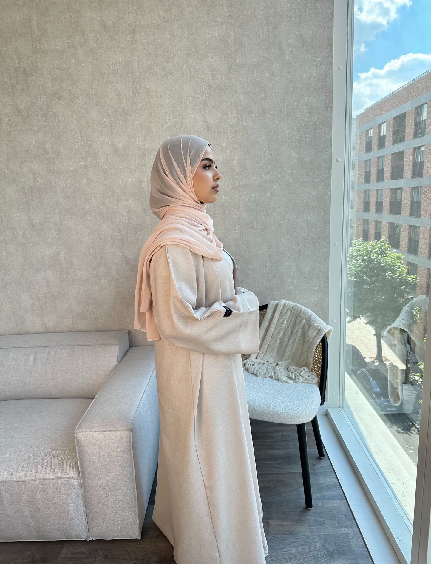 Open Linen Abaya - Cream - AMANI - أماني - With Matching Inner Slip