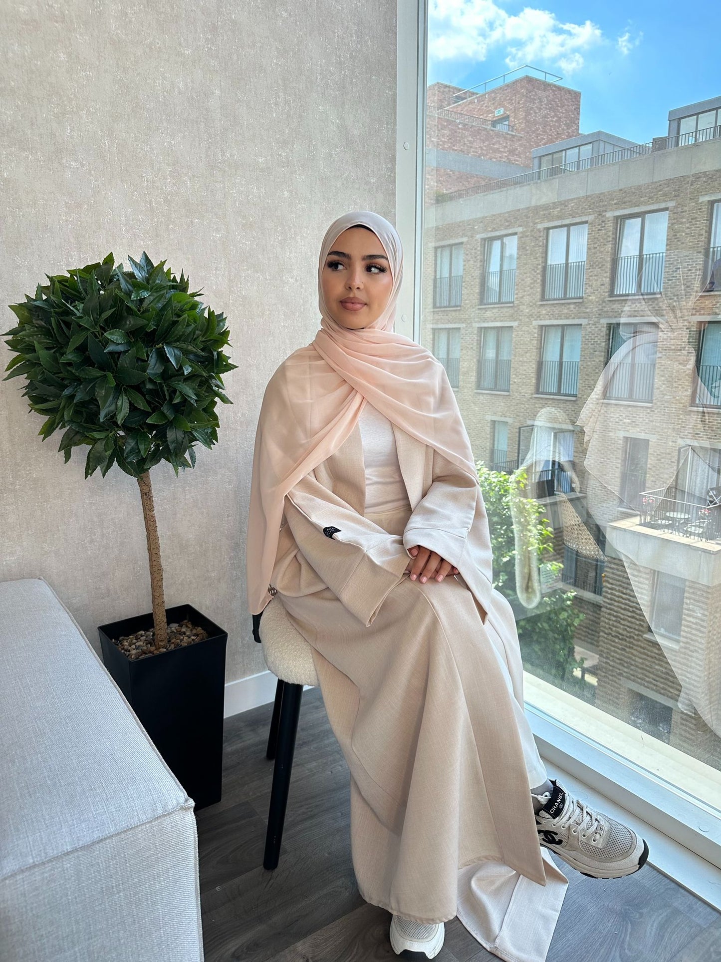 Open Linen Abaya - Cream - AMANI - أماني - With Matching Inner Slip