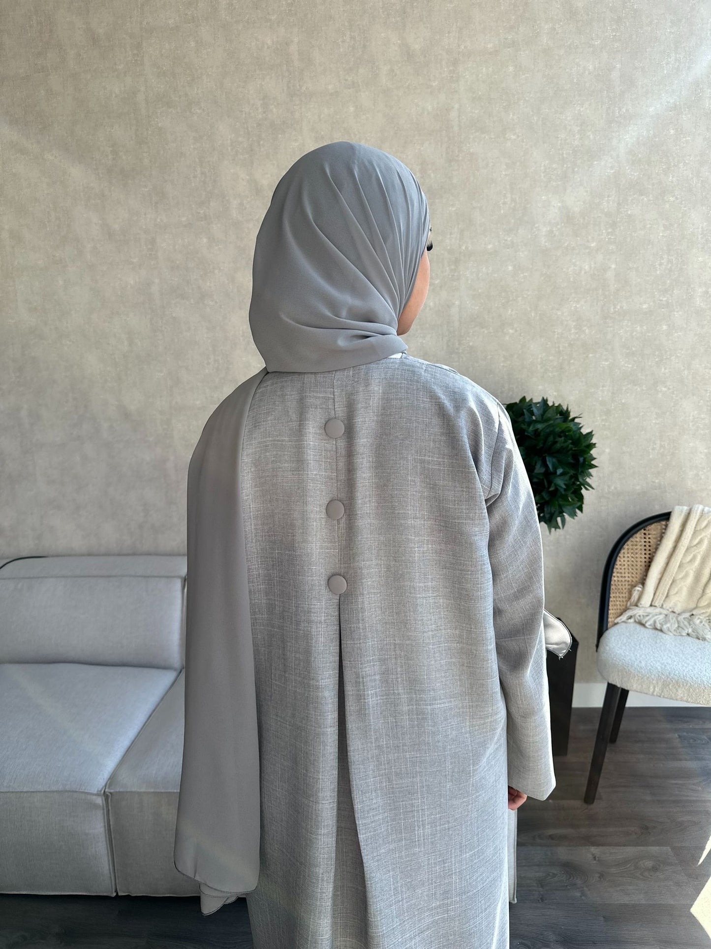 Buttoned Linen Abaya - MAIDAH - مائدة