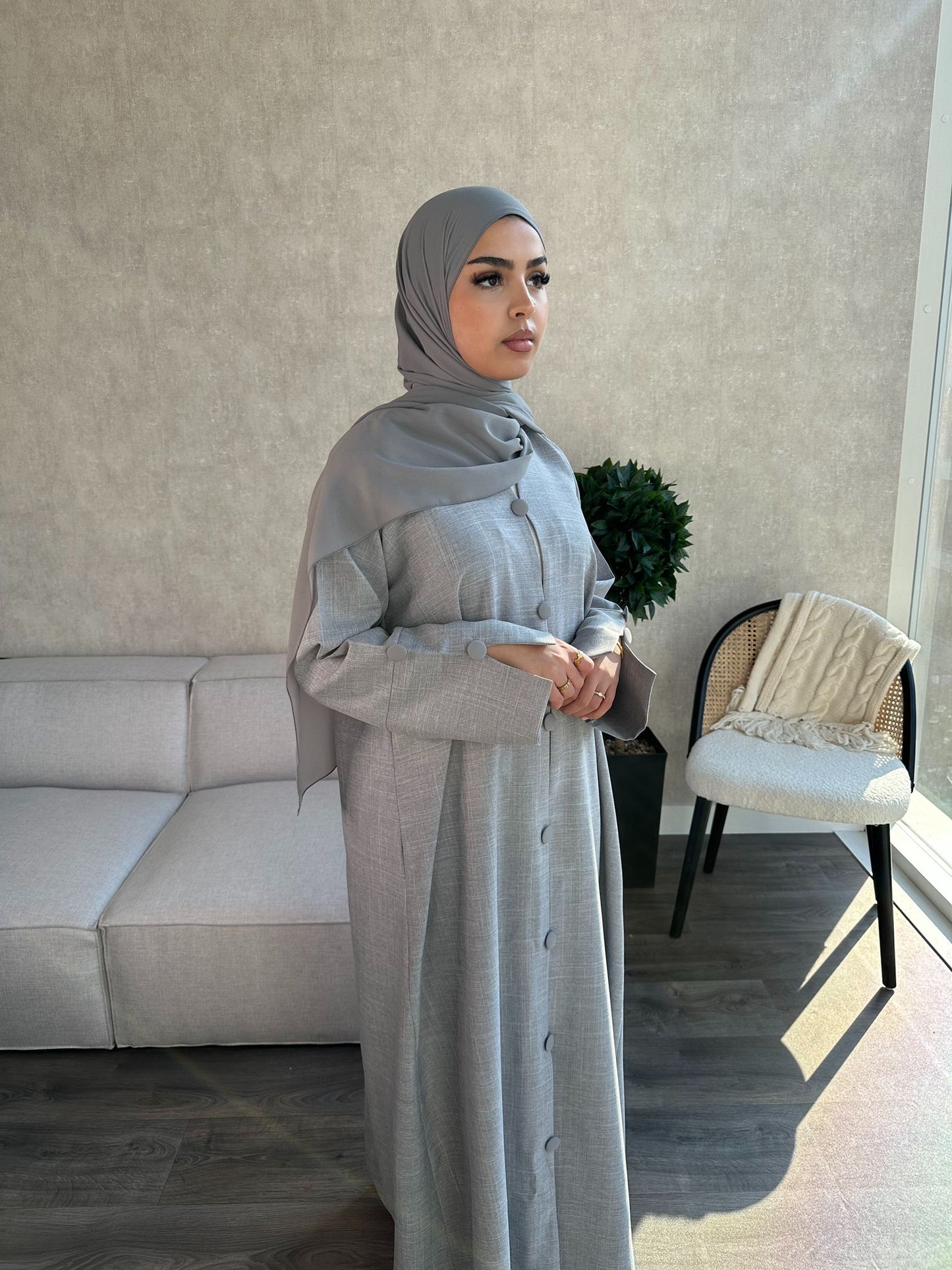 Buttoned Linen Abaya - MAIDAH - مائدة