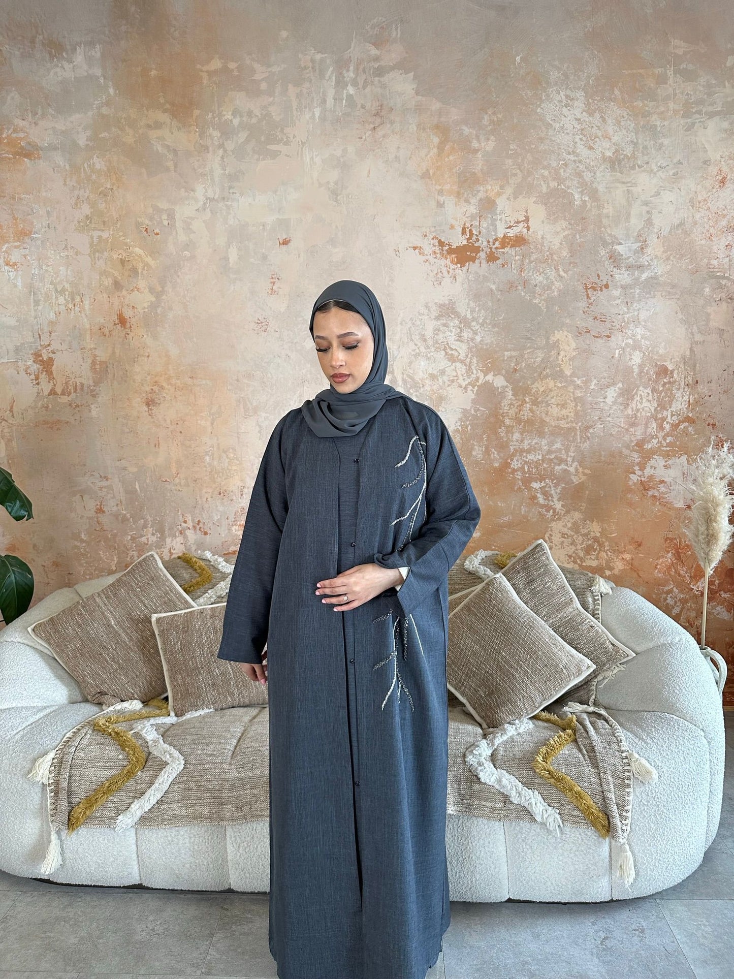 Embellished Linen Abaya - ILARIA - إيلاريا