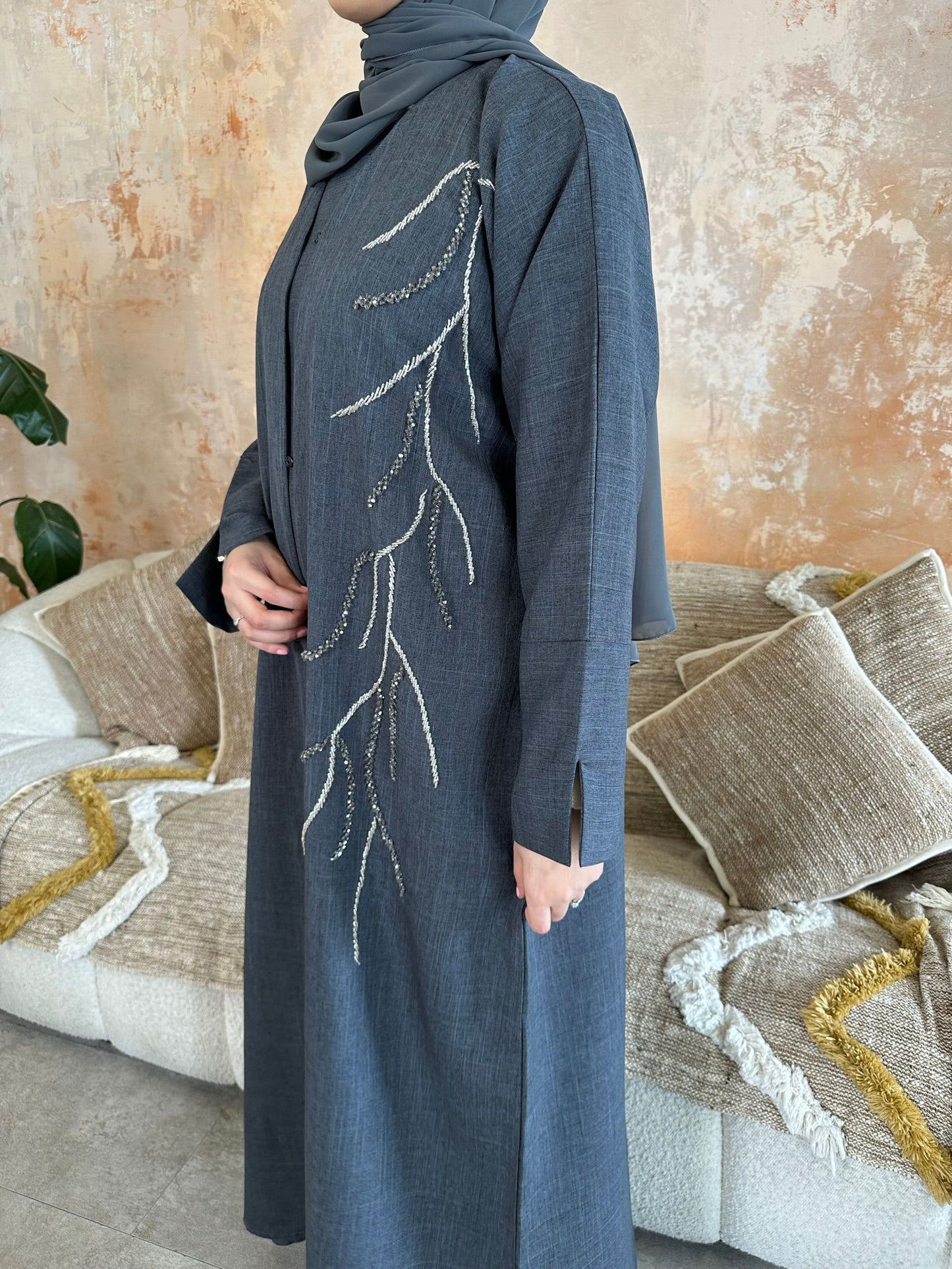 Embellished Linen Abaya - ILARIA - إيلاريا