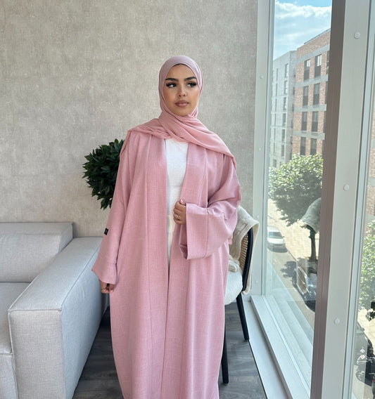 Open Linen Abaya - Soft Pink - NAILAH - نائلة - With Matching Inner Slip