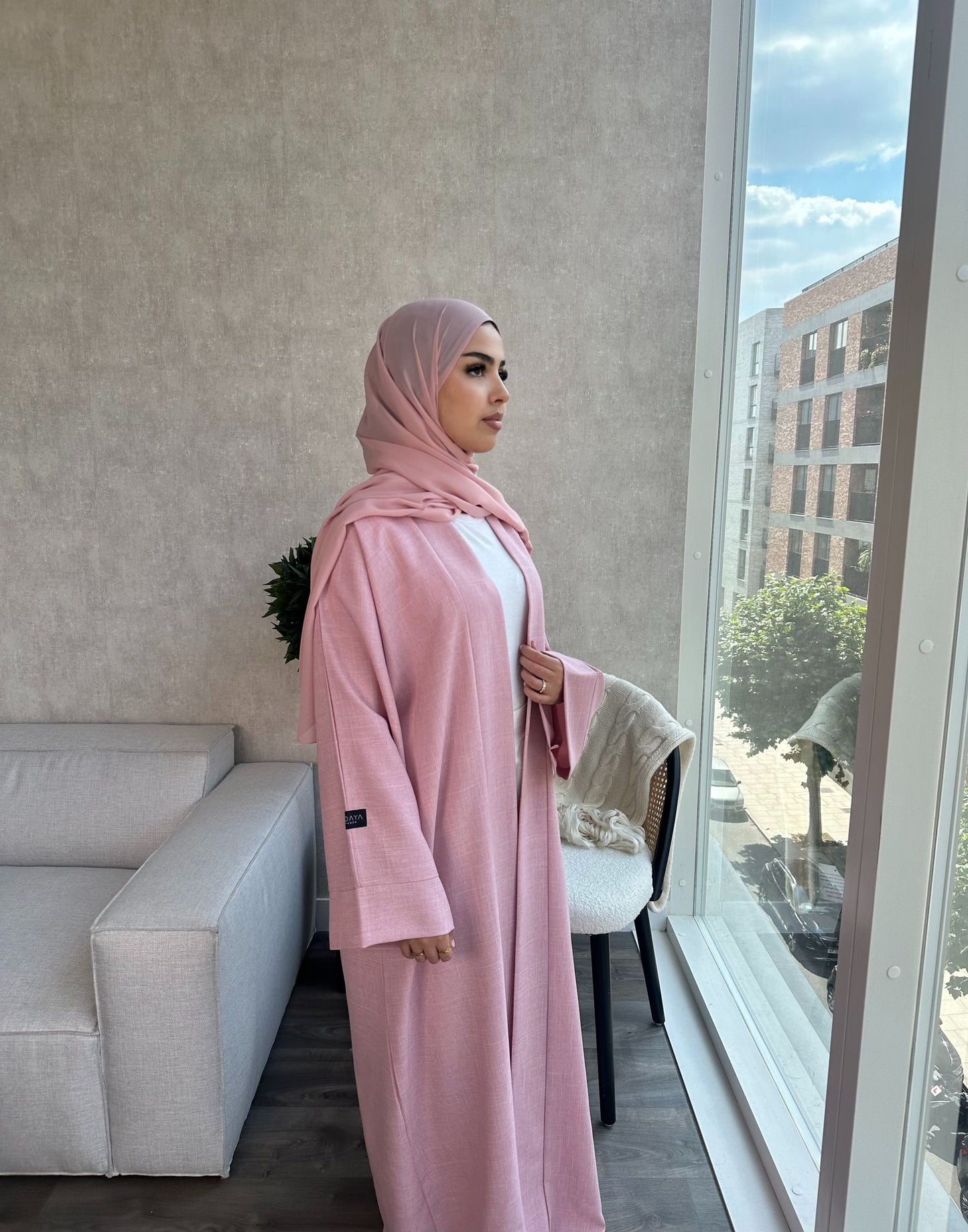 Open Linen Abaya - Soft Pink - NAILAH - نائلة - With Matching Inner Slip