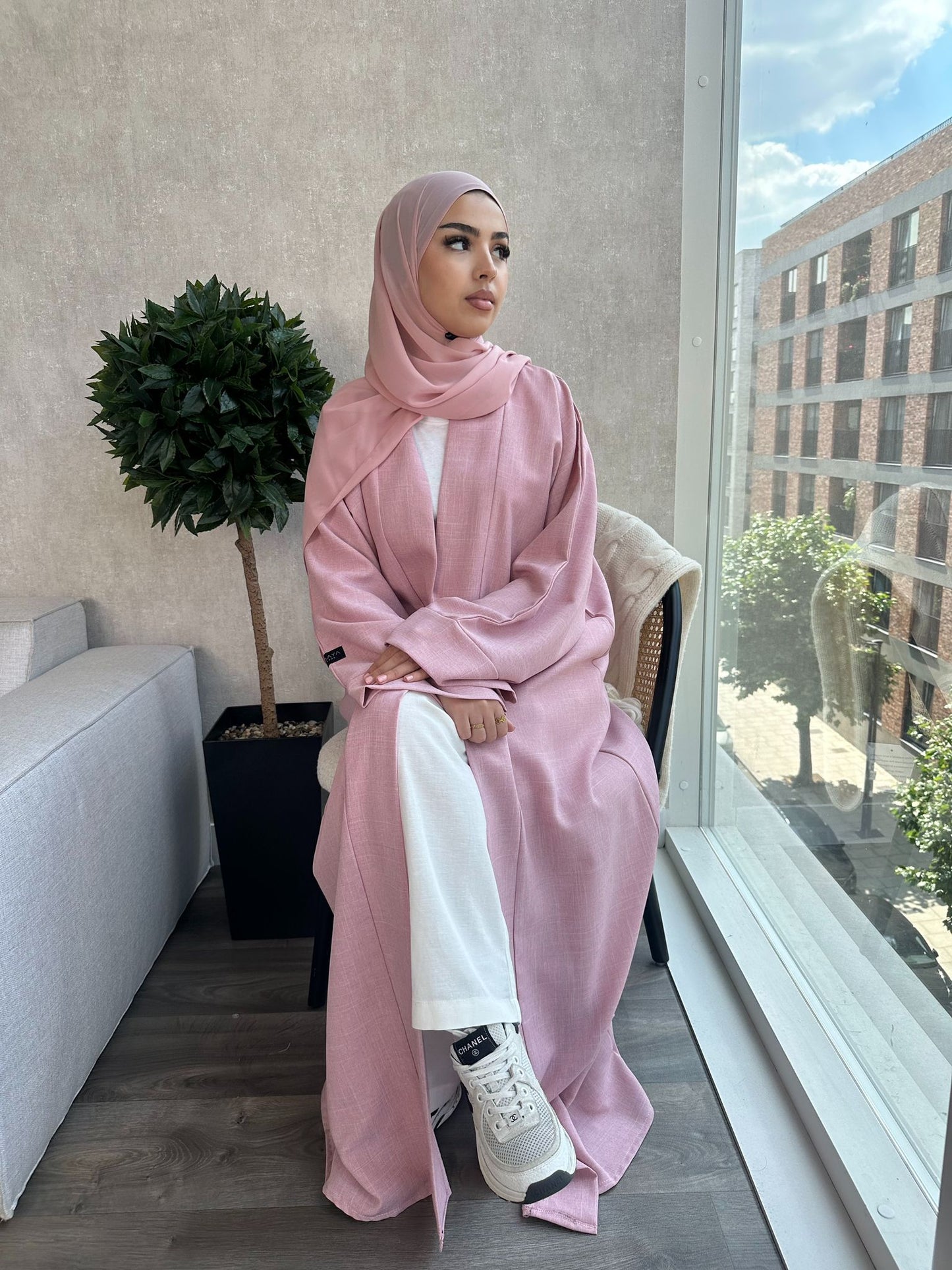 Open Linen Abaya - Soft Pink - NAILAH - نائلة - With Matching Inner Slip