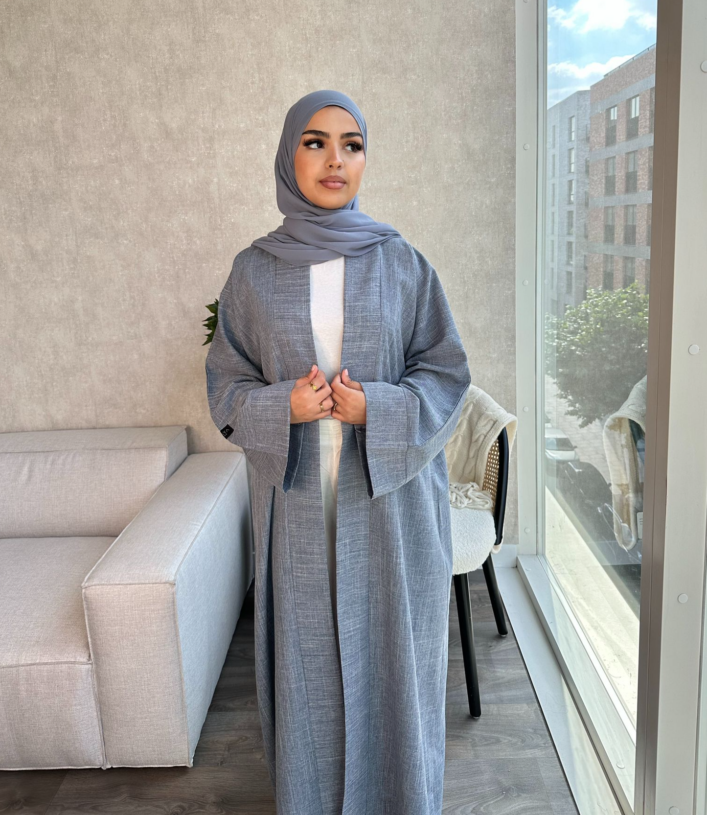 Open Linen Abaya - Egyptian Blue - LINA - لينا - With Matching Inner Slip