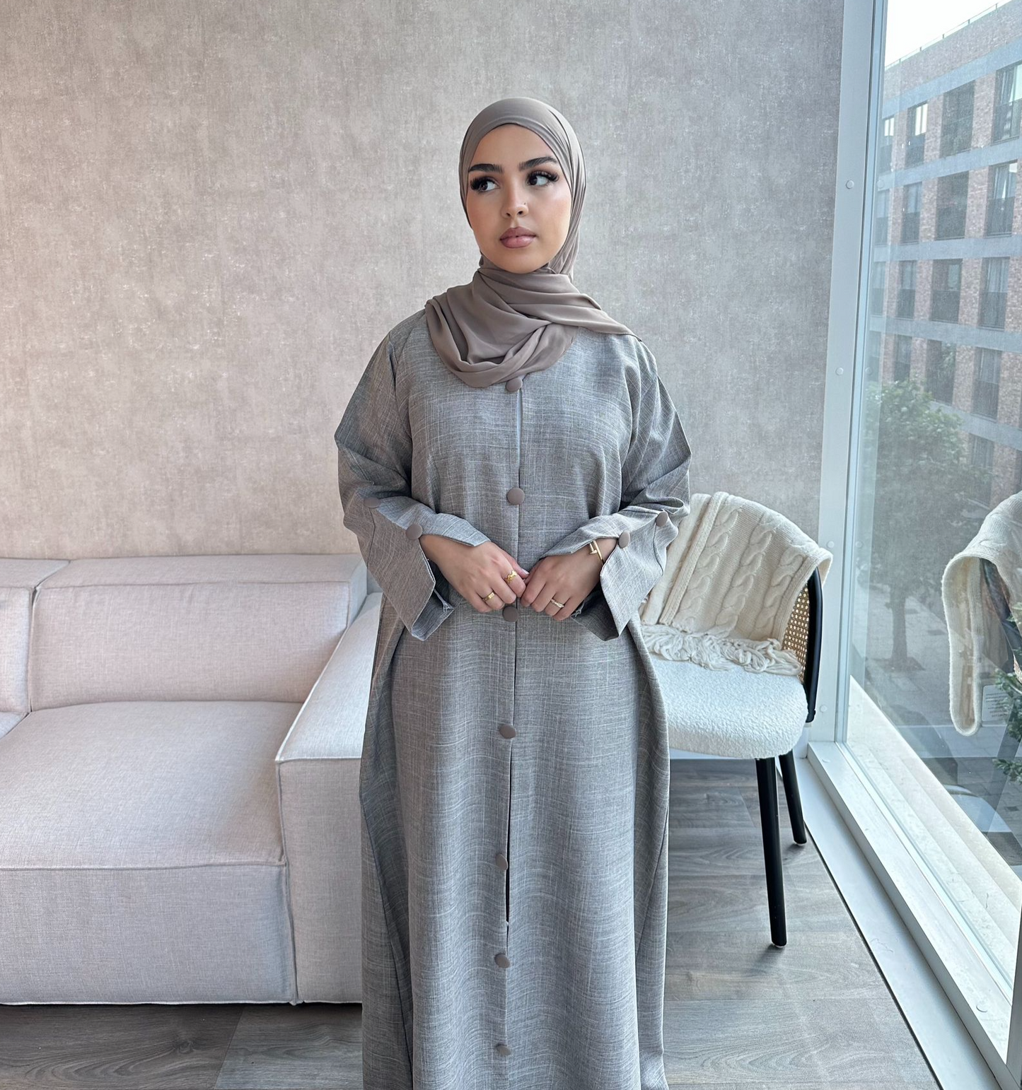 Buttoned Linen Abaya - ARWA - أروى