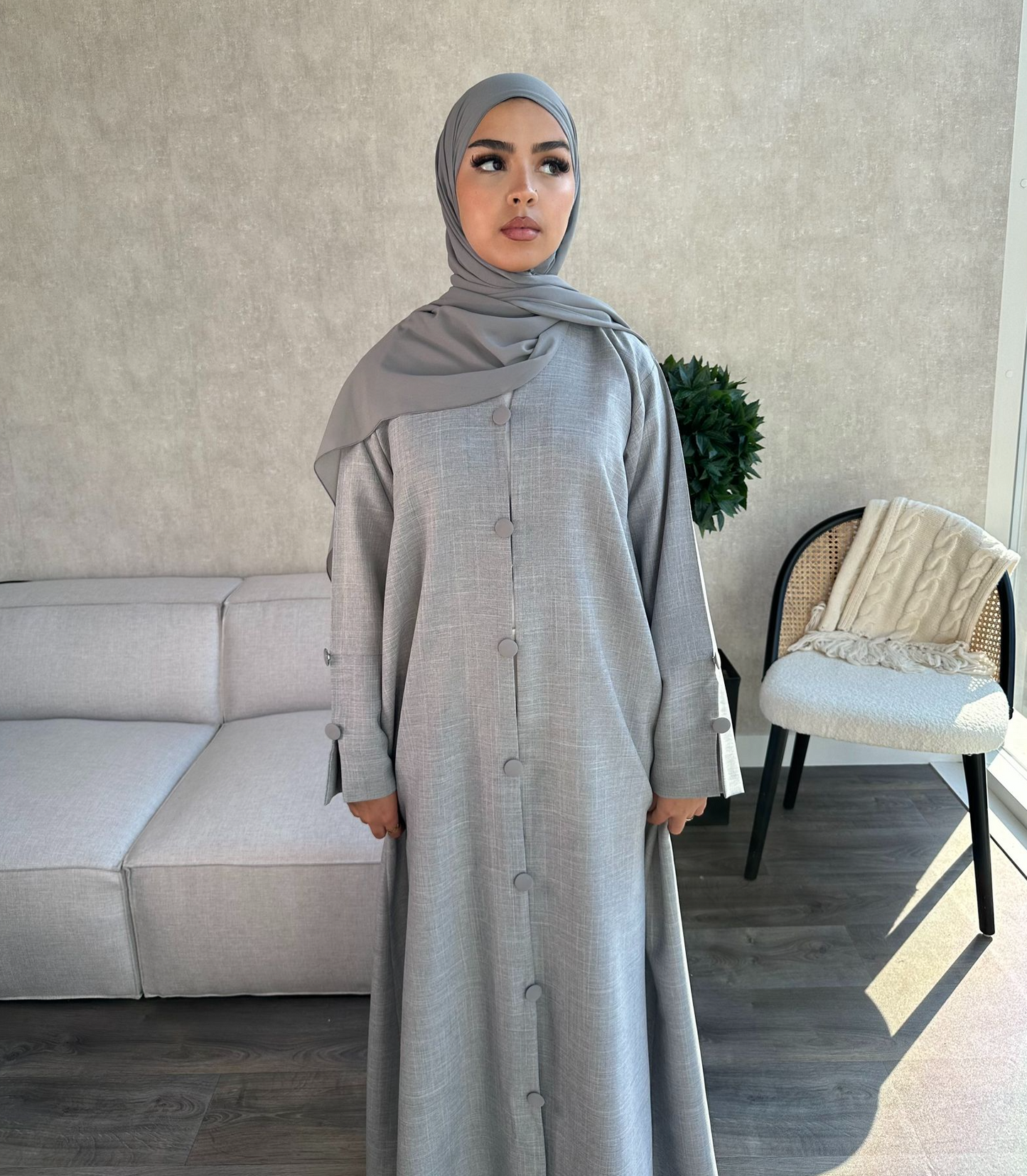 Buttoned Linen Abaya - MAIDAH - مائدة