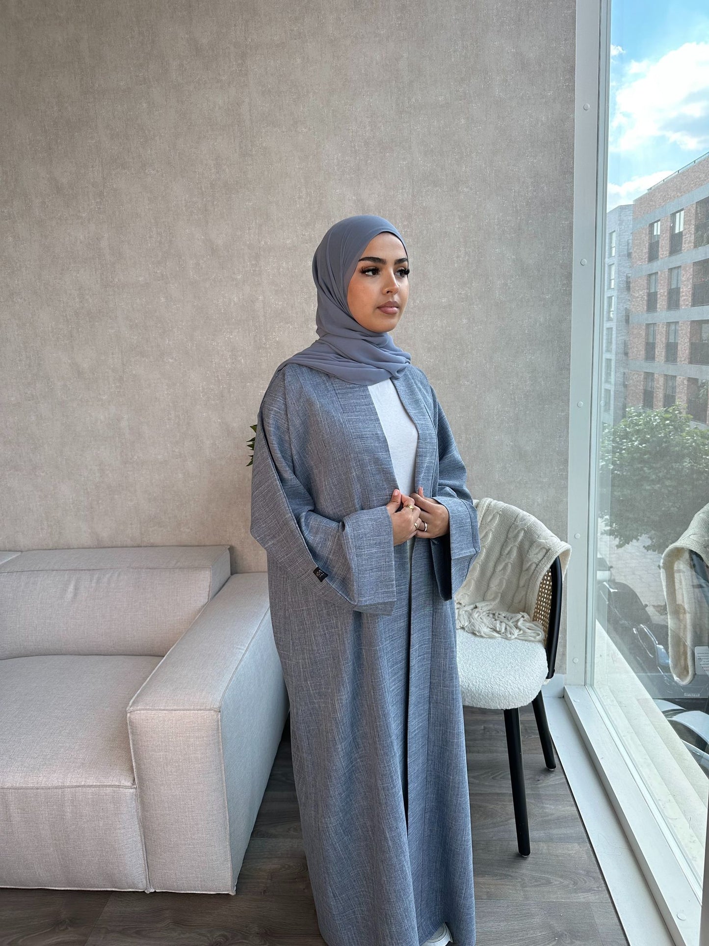 Open Linen Abaya - Egyptian Blue - LINA - لينا - With Matching Inner Slip