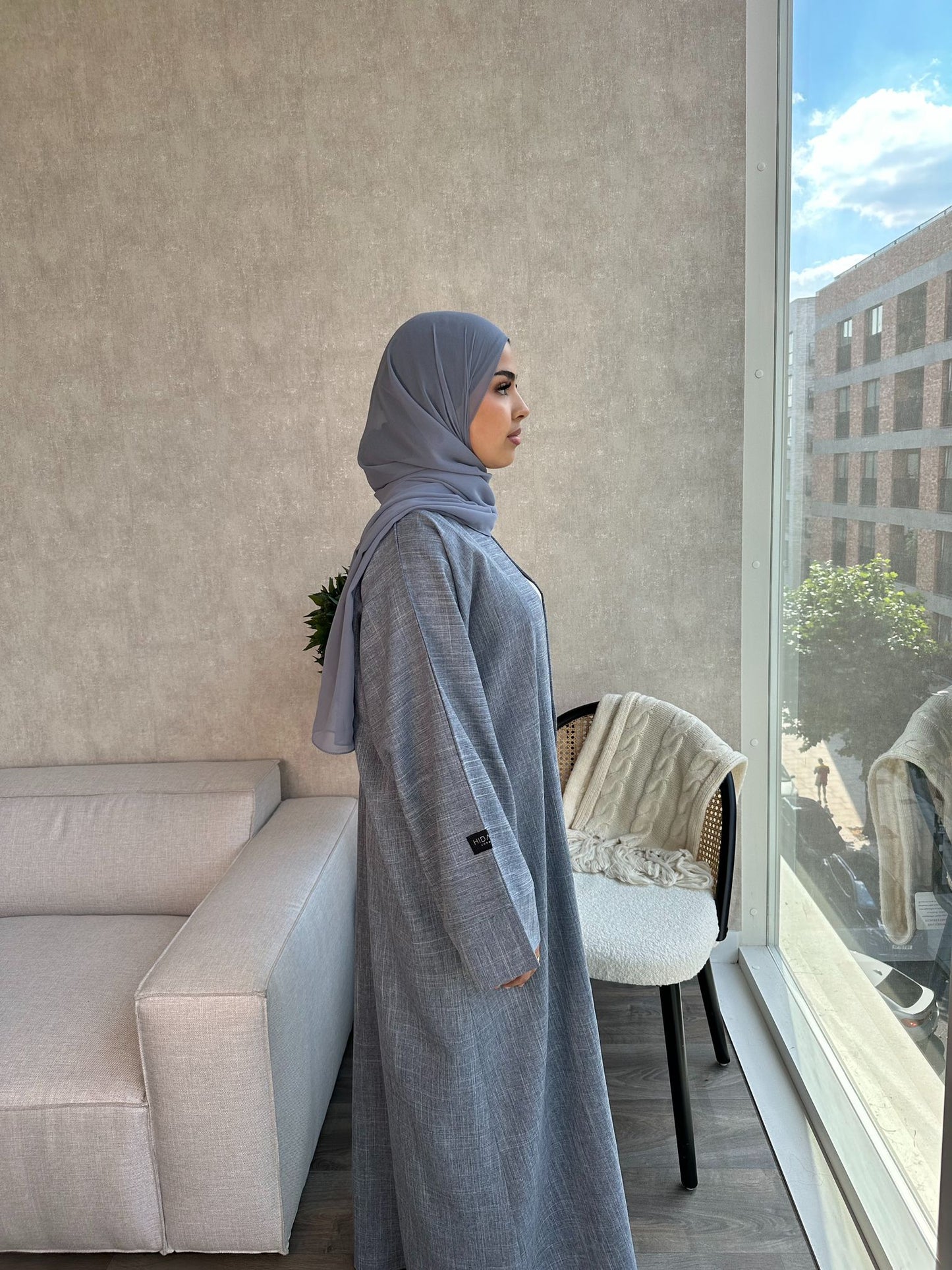 Open Linen Abaya - Egyptian Blue - LINA - لينا - With Matching Inner Slip