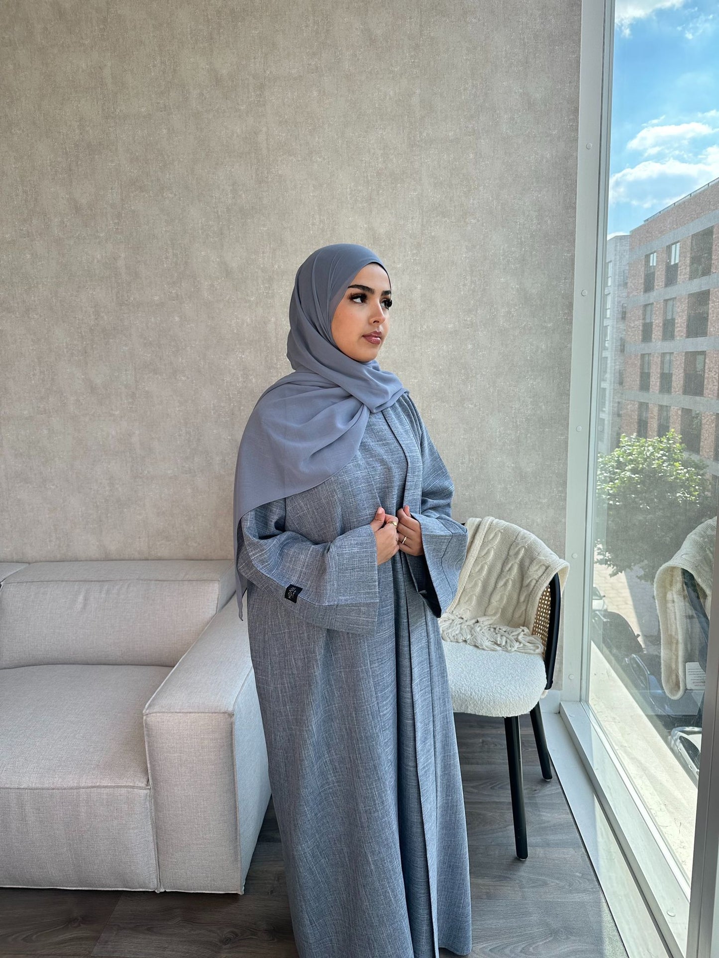 Open Linen Abaya - Egyptian Blue - LINA - لينا - With Matching Inner Slip